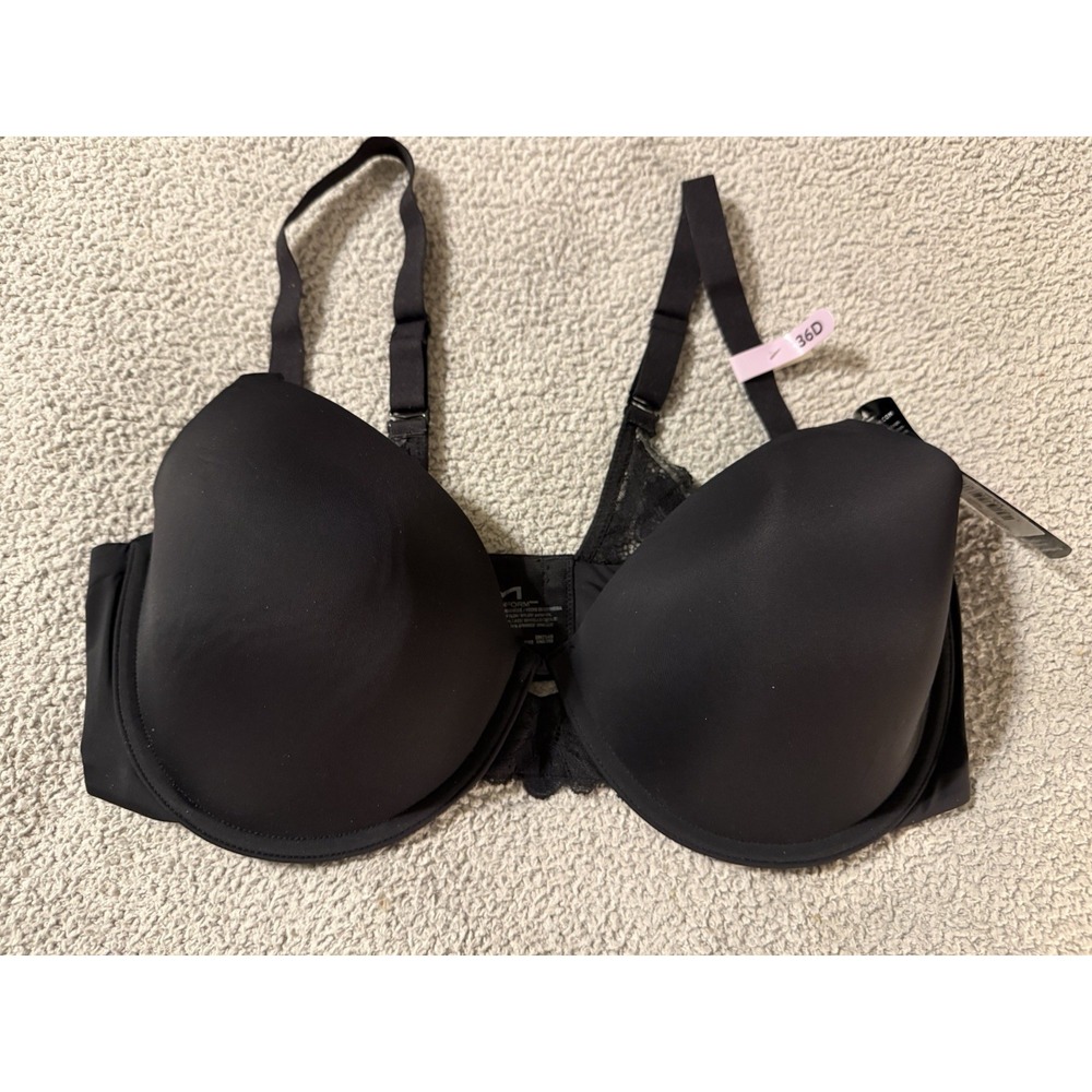NWT Maidenform Black T-Shirt Bra Smartzone Cups Convertible Straps Lace Size 36D